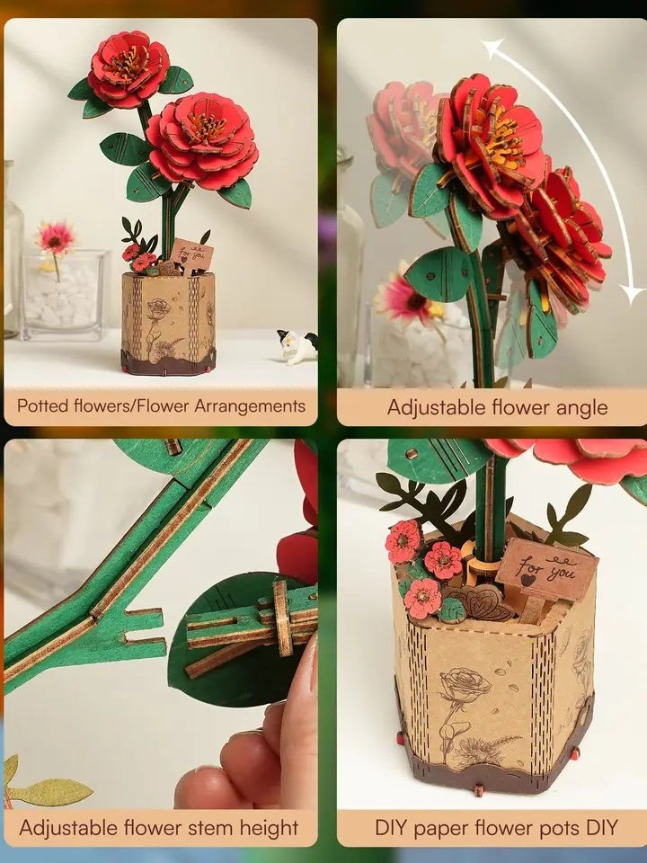 Rolife 3D Puzzle Red Camellia Wooden Artificial Flower DIY Flower Bouquet Model Building Kit for Home Decor Mother's Day Valentine's Day Gift for Moth - Image 4