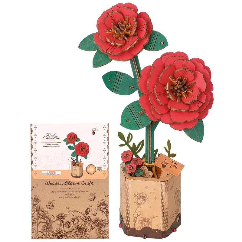 Rolife 3D Puzzle Red Camellia Wooden Artificial Flower DIY Flower Bouquet Model Building Kit for Home Decor Mother's Day Valentine's Day Gift for Moth - Image 1