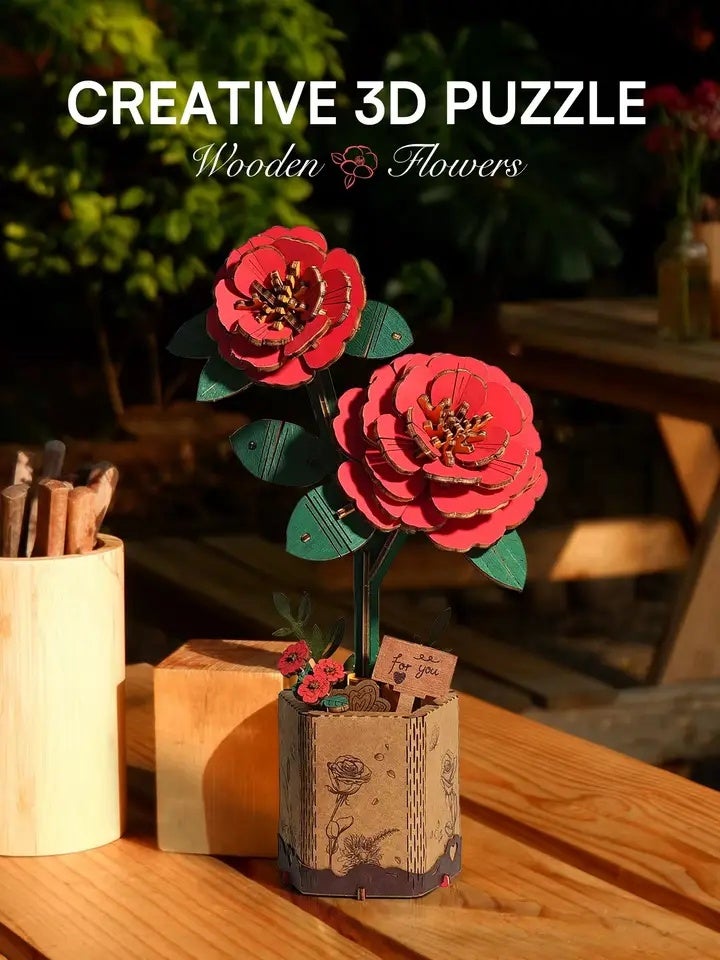 Rolife 3D Puzzle Red Camellia Wooden Artificial Flower DIY Flower Bouquet Model Building Kit for Home Decor Mother's Day Valentine's Day Gift for Moth - Image 2