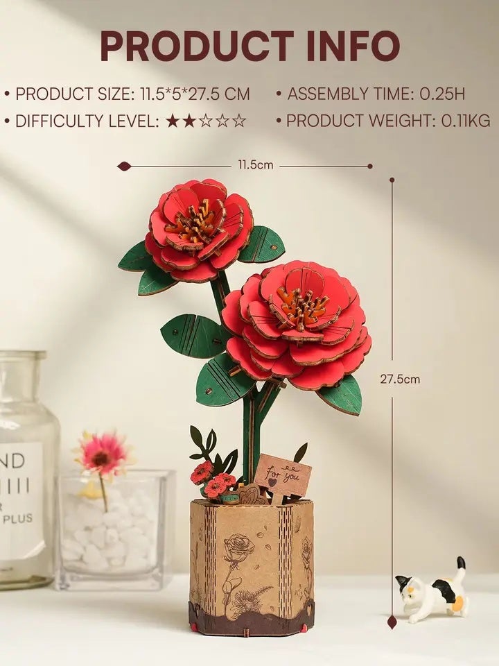 Rolife 3D Puzzle Red Camellia Wooden Artificial Flower DIY Flower Bouquet Model Building Kit for Home Decor Mother's Day Valentine's Day Gift for Moth - Image 3