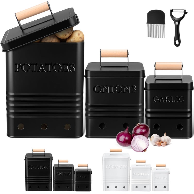 Widecook 3 Pcs Potato Onion Garlic Storage Bin Metal Vegetable Keeper Container with Lid Aerating Hole Farmhouse Style for Kitchen Counter Pantry Sweet-potato Carrot Fruit Keep Fresh Longer - Image 1