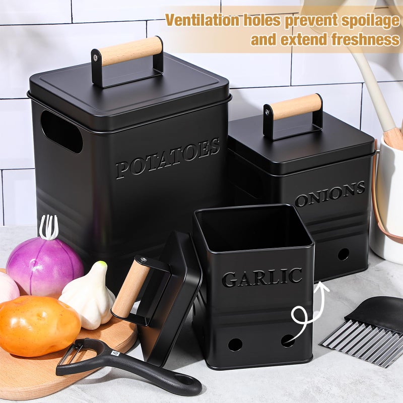 Widecook 3 Pcs Potato Onion Garlic Storage Bin Metal Vegetable Keeper Container with Lid Aerating Hole Farmhouse Style for Kitchen Counter Pantry Sweet-potato Carrot Fruit Keep Fresh Longer - Image 4