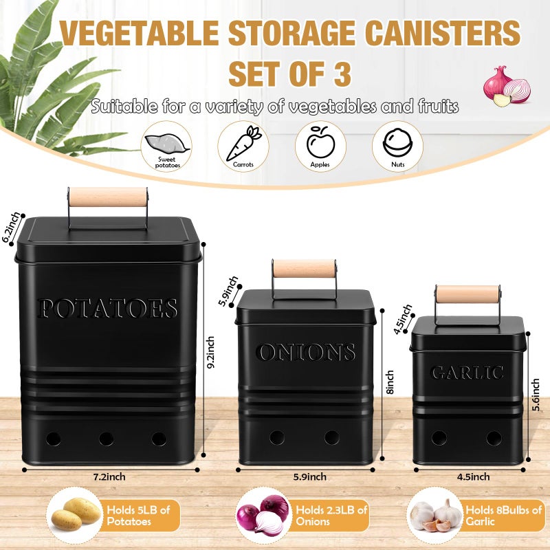 Widecook 3 Pcs Potato Onion Garlic Storage Bin Metal Vegetable Keeper Container with Lid Aerating Hole Farmhouse Style for Kitchen Counter Pantry Sweet-potato Carrot Fruit Keep Fresh Longer - Image 2