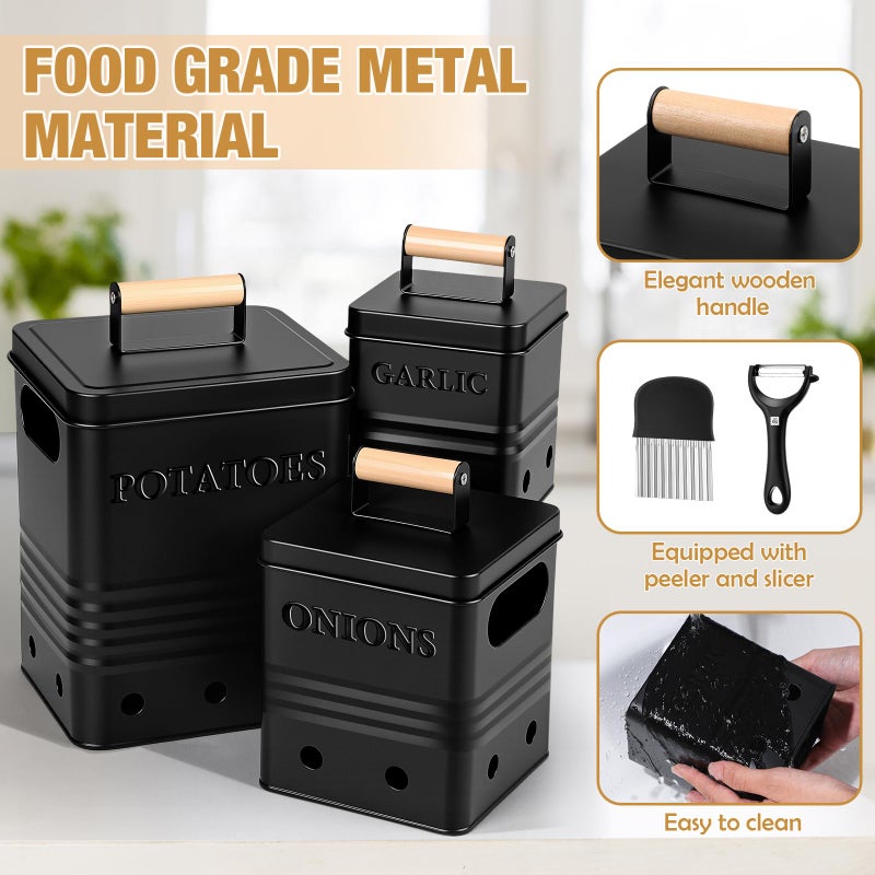 Widecook 3 Pcs Potato Onion Garlic Storage Bin Metal Vegetable Keeper Container with Lid Aerating Hole Farmhouse Style for Kitchen Counter Pantry Sweet-potato Carrot Fruit Keep Fresh Longer - Image 3