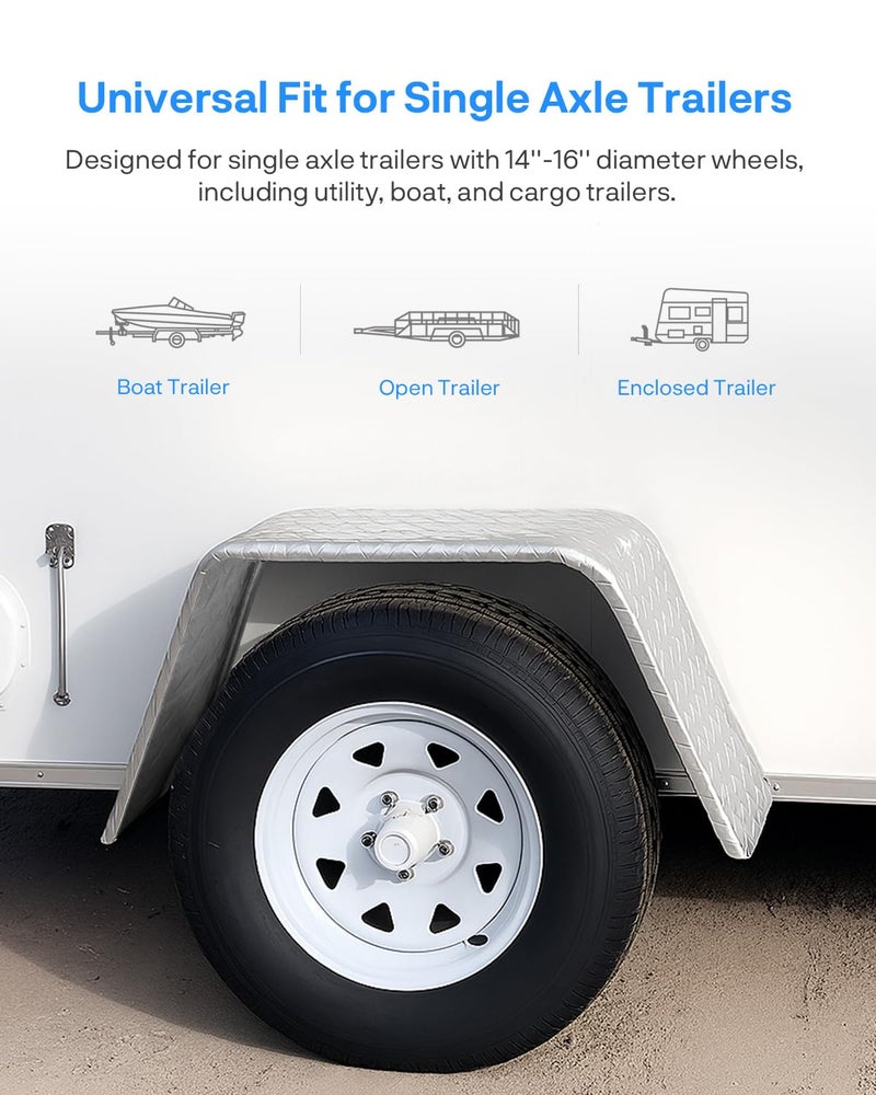 JY PERFORMANCE Square Trailer Fenders for 14"-16" Wheels â€“ Fits Utility, Boat, Cargo Trailers â€“ 16 Gauge Diamond Plate Steel â€“ 32"x13"x9", Heavy Duty Trailer Fenders Single Axle - Image 2