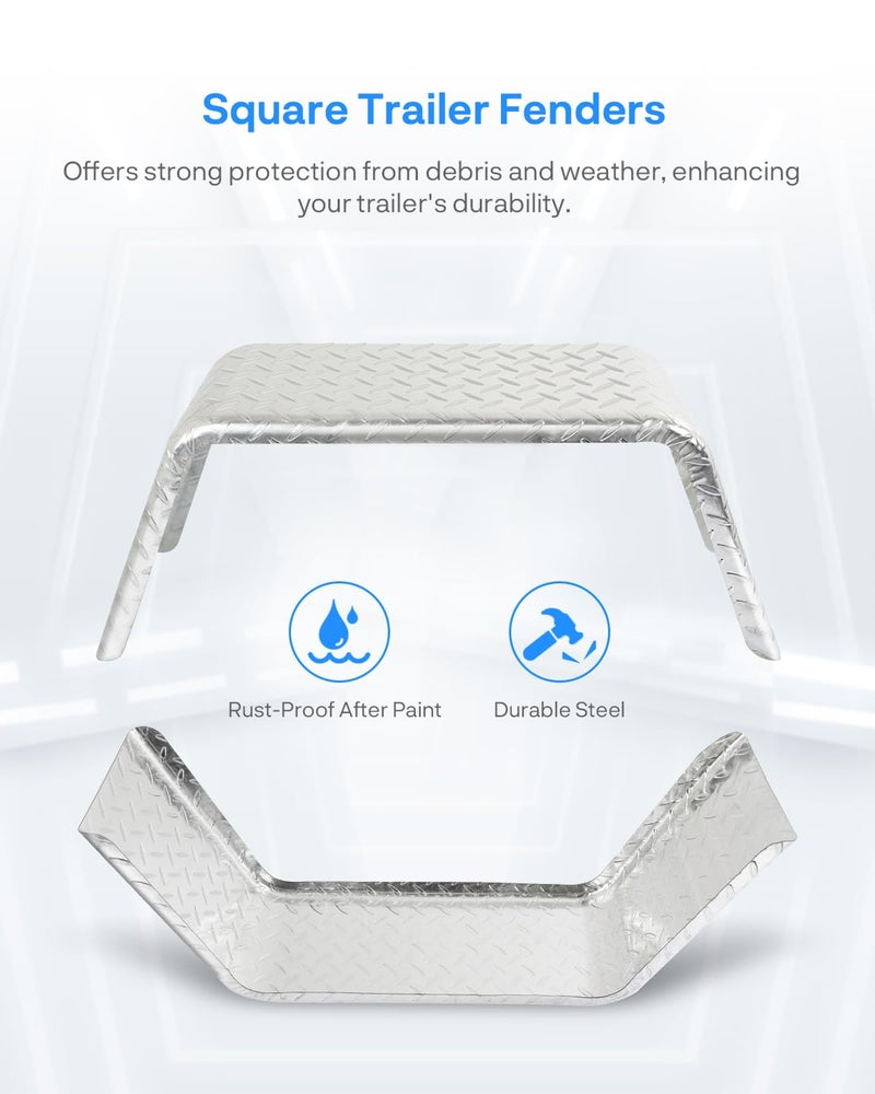 JY PERFORMANCE Square Trailer Fenders for 14"-16" Wheels â€“ Fits Utility, Boat, Cargo Trailers â€“ 16 Gauge Diamond Plate Steel â€“ 32"x13"x9", Heavy Duty Trailer Fenders Single Axle - Image 4