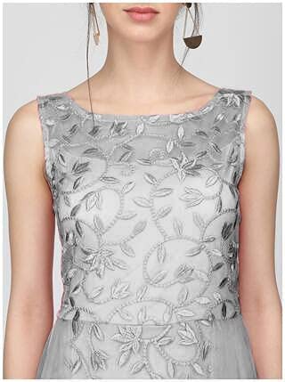 PATLANI Women's Net Fit and Flare Knee Length Dress (All Over-New_Grey_Large - Image 4