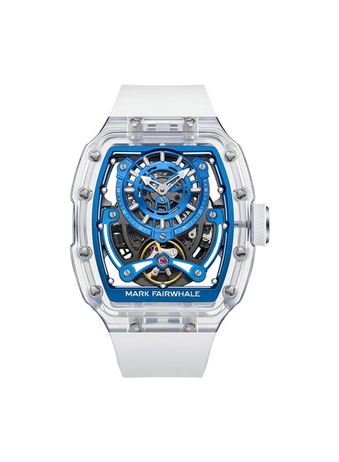 Mark Fairwhale Men's Trendy Skeleton Luxury Tourbillon Mechanical Watch - Transparent Case, Blue Dial & White Silicone Strap