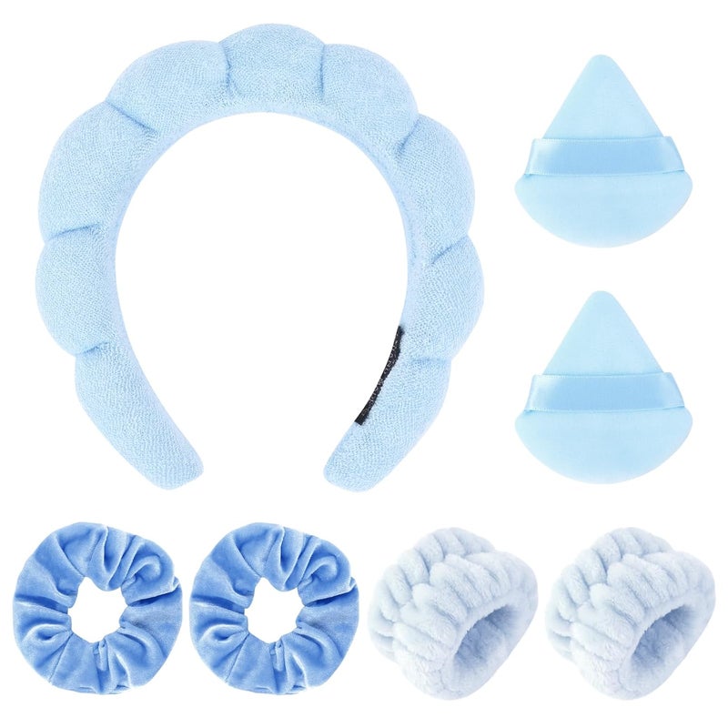 Araluky 7Pcs Spa Set  Puffy Headband Wristbands Powder Puffs Makeup Removal Terry Cloth Headband  Blue