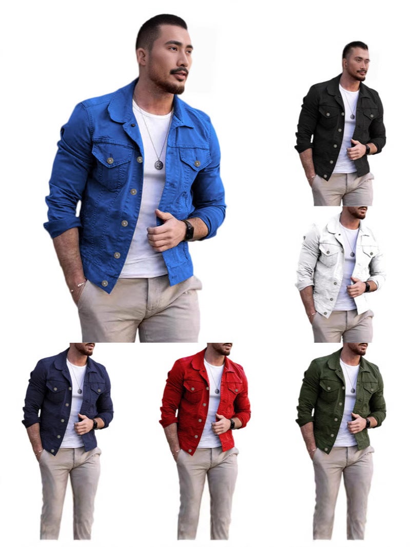 جاكيت رجالي بلون موحد جاكيت بحجم زائد جاكيت رجالي بياقة ديميم ضيق القصة ملابس رجالية - Image 2