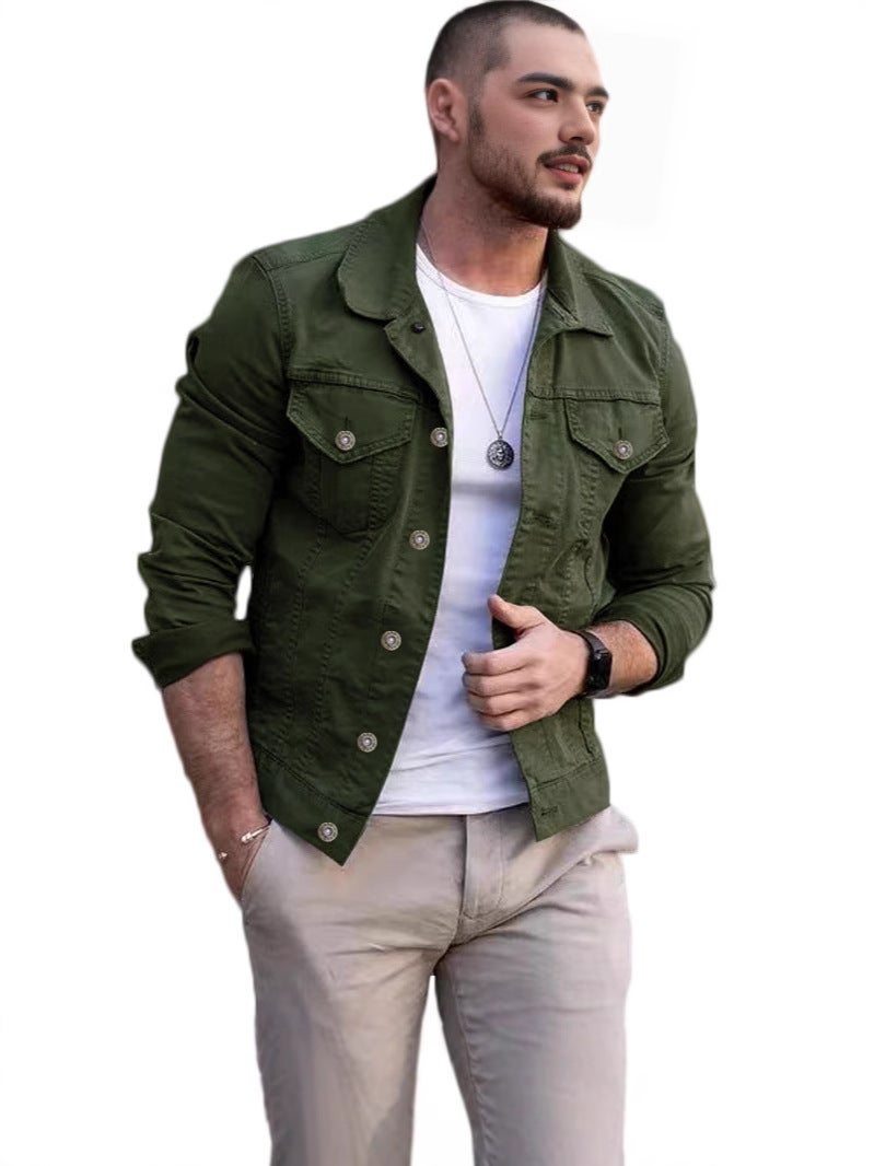 جاكيت رجالي بلون موحد جاكيت بحجم زائد جاكيت رجالي بياقة ديميم ضيق القصة ملابس رجالية - Image 5