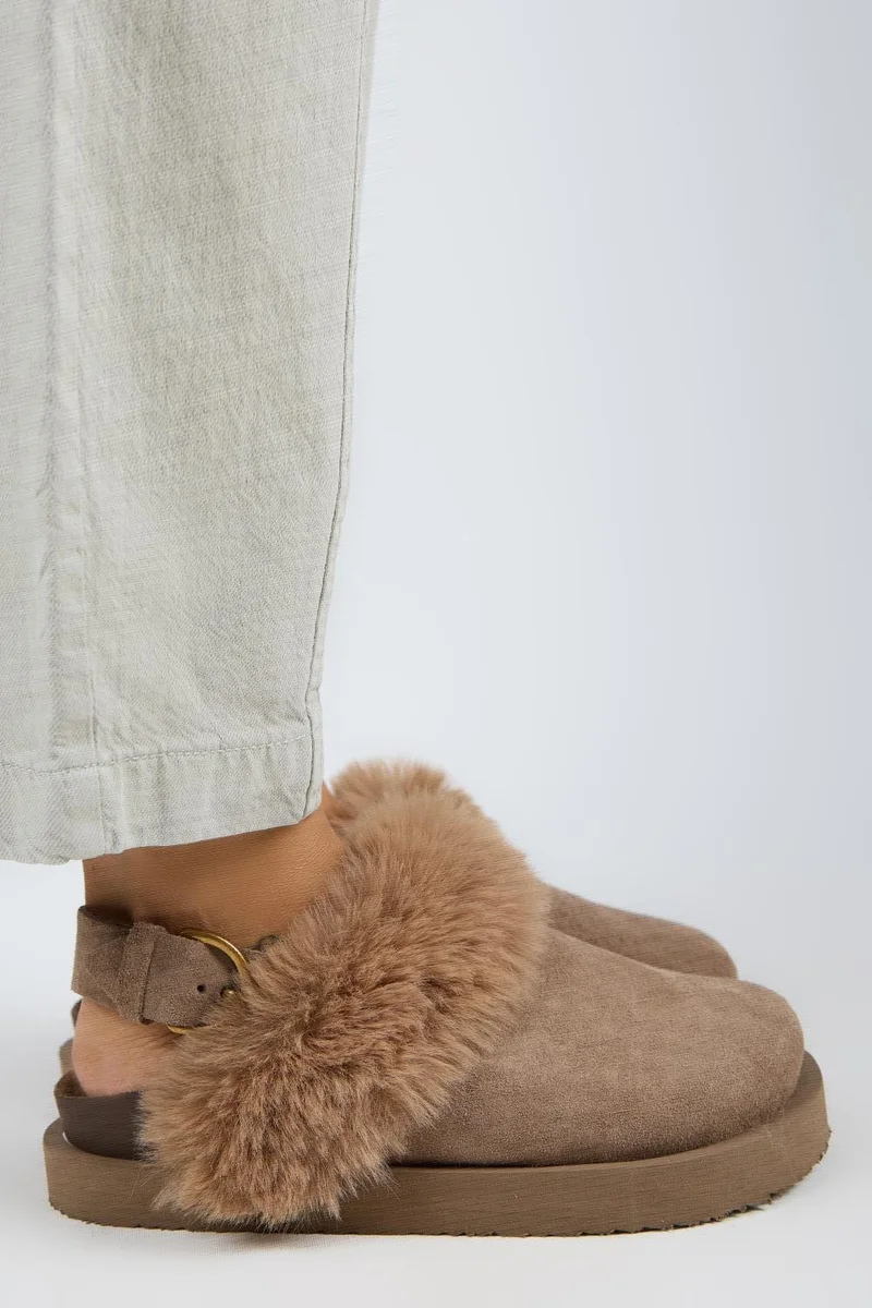 Manijero Manijero Antonella Fur-Lined Women's Genuine Leather Platform Clogs with Back Strap in Mink Color