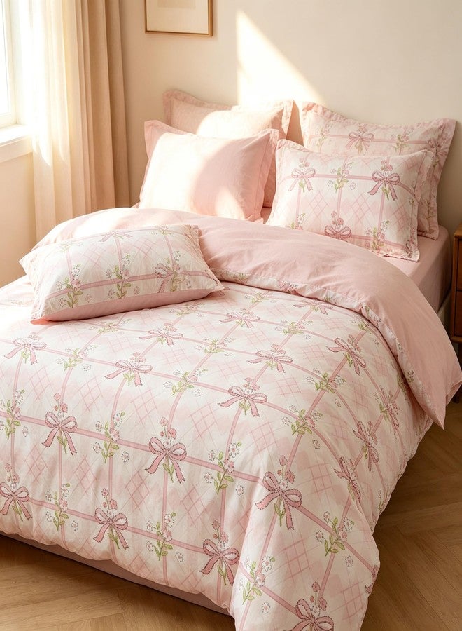 CCoutueChen Pink Bow Comforter Set Twin for Girls, 2Pcs Stripe Plaid Bedding with Pink Green Botanical Floral, French Country Style Quilted Comforter with 1 Pillowcase, 68"x86" - Image 5