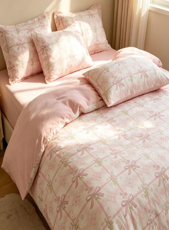 CCoutueChen Pink Bow Comforter Set Twin for Girls, 2Pcs Stripe Plaid Bedding with Pink Green Botanical Floral, French Country Style Quilted Comforter with 1 Pillowcase, 68"x86" - Image 1