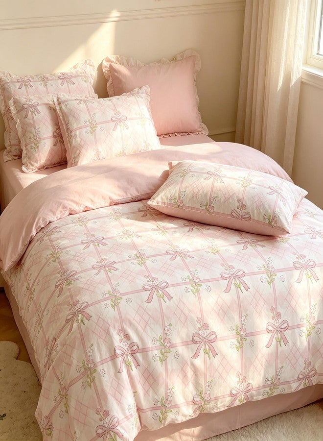 CCoutueChen Pink Bow Comforter Set Twin for Girls, 2Pcs Stripe Plaid Bedding with Pink Green Botanical Floral, French Country Style Quilted Comforter with 1 Pillowcase, 68"x86" - Image 4