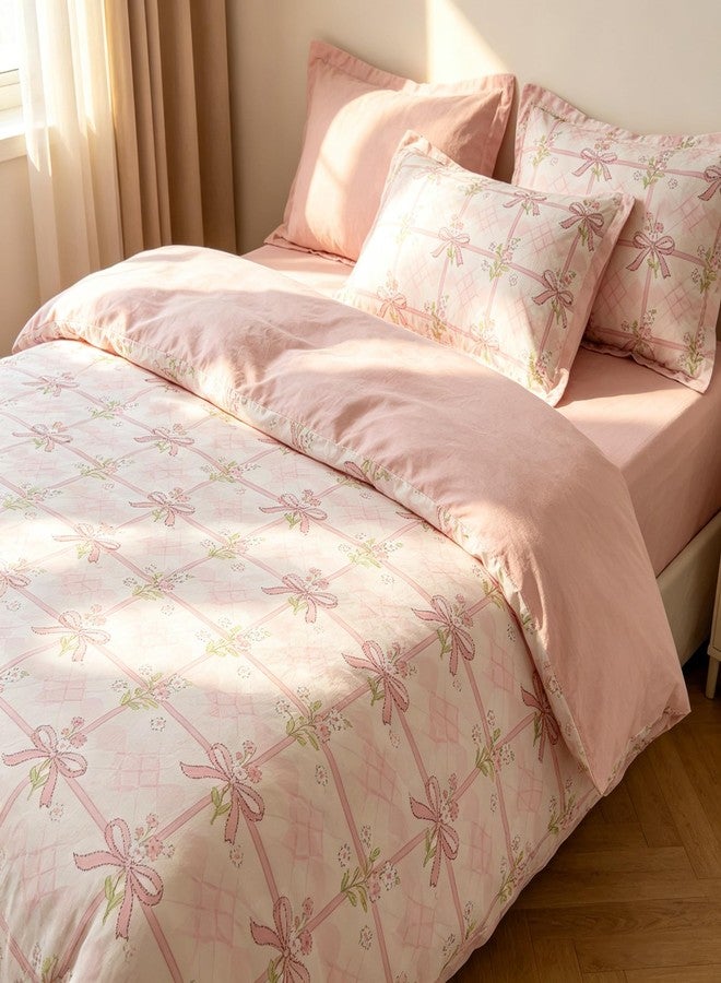 CCoutueChen Pink Bow Comforter Set Twin for Girls, 2Pcs Stripe Plaid Bedding with Pink Green Botanical Floral, French Country Style Quilted Comforter with 1 Pillowcase, 68"x86" - Image 3