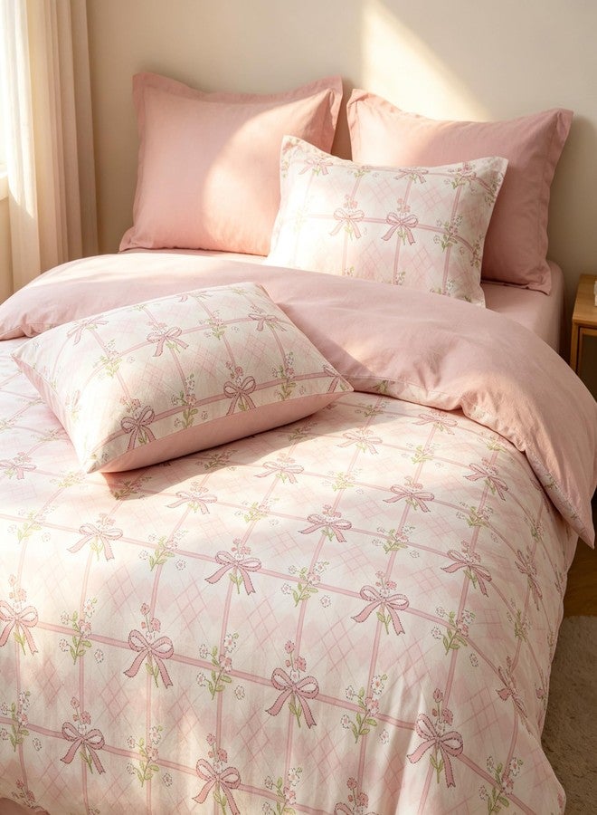 CCoutueChen Pink Bow Comforter Set Twin for Girls, 2Pcs Stripe Plaid Bedding with Pink Green Botanical Floral, French Country Style Quilted Comforter with 1 Pillowcase, 68"x86" - Image 2