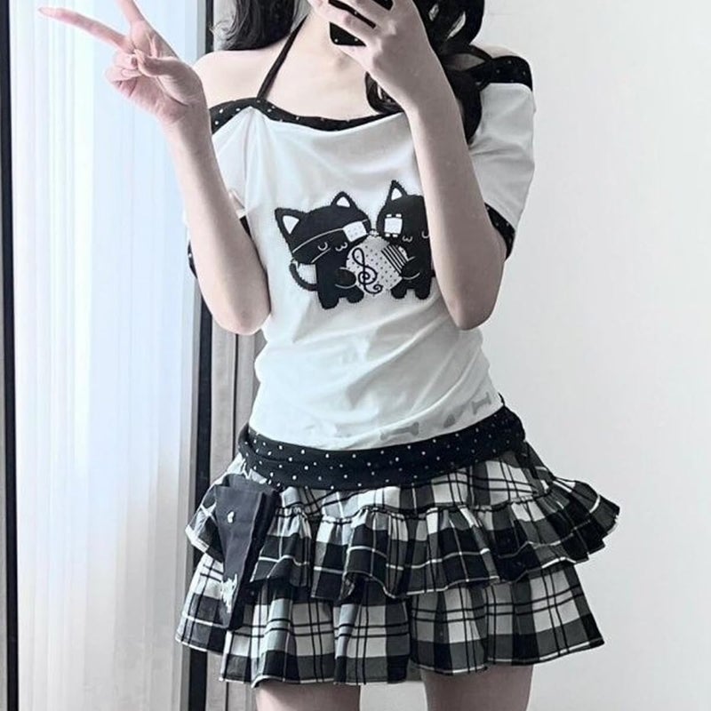 MANGMAO Kawaii Cutecore Tops Harajuku Vintage Y2k 2000s Shirts Summer Alt Goth Emo Short Sleeve Graphic Tees (White Black Polka Dot,Small) - Image 4