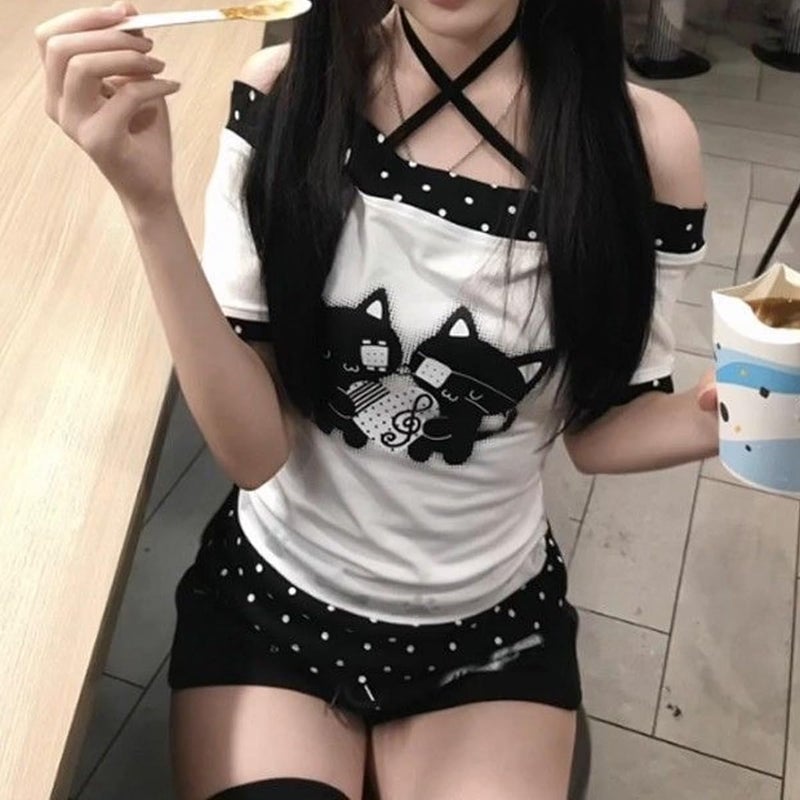 MANGMAO Kawaii Cutecore Tops Harajuku Vintage Y2k 2000s Shirts Summer Alt Goth Emo Short Sleeve Graphic Tees (White Black Polka Dot,Small) - Image 5