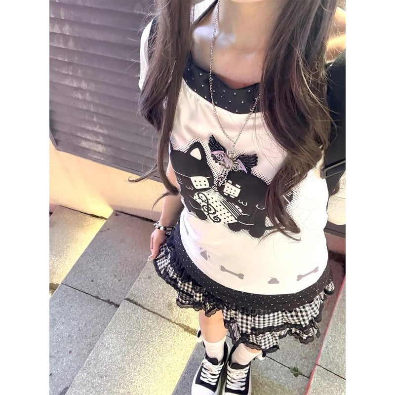 MANGMAO Kawaii Cutecore Tops Harajuku Vintage Y2k 2000s Shirts Summer Alt Goth Emo Short Sleeve Graphic Tees (White Black Polka Dot,Small) - Image 2