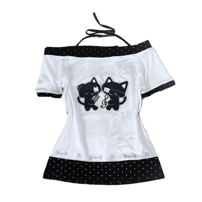 MANGMAO Kawaii Cutecore Tops Harajuku Vintage Y2k 2000s Shirts Summer Alt Goth Emo Short Sleeve Graphic Tees (White Black Polka Dot,Small) - Image 1