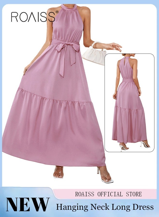 رويس فستان نسائي سادة اللون على شكل حرف A برقبة دائرية بدون أكمام وياقة على شكل حرف H، فستان أنيق على الطراز الأوروبي للسيدات ذوات المزاج الأنيق، مناسب للارتداء الكاجوال - Image 1