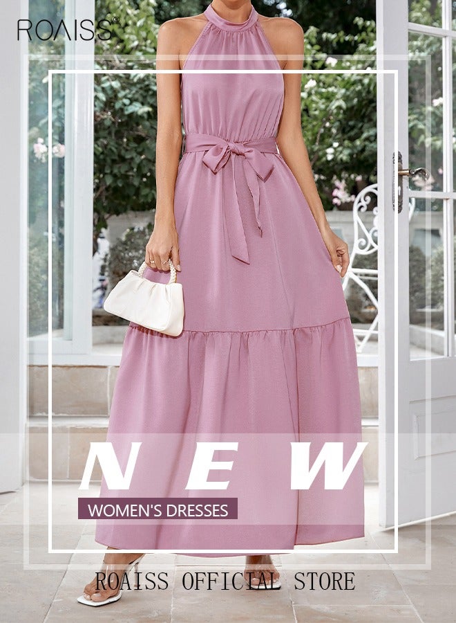 رويس فستان نسائي سادة اللون على شكل حرف A برقبة دائرية بدون أكمام وياقة على شكل حرف H، فستان أنيق على الطراز الأوروبي للسيدات ذوات المزاج الأنيق، مناسب للارتداء الكاجوال - Image 4