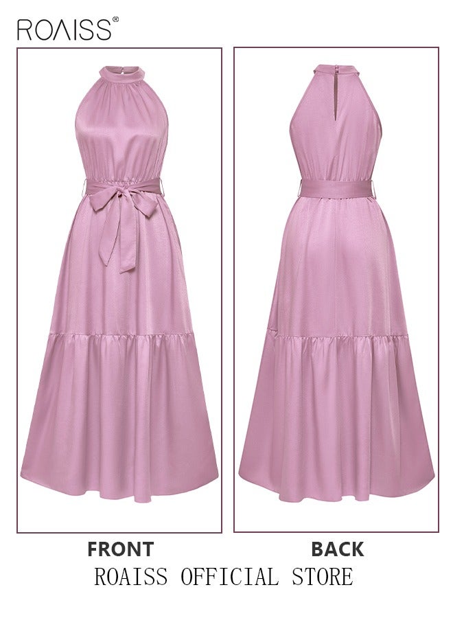 رويس فستان نسائي سادة اللون على شكل حرف A برقبة دائرية بدون أكمام وياقة على شكل حرف H، فستان أنيق على الطراز الأوروبي للسيدات ذوات المزاج الأنيق، مناسب للارتداء الكاجوال - Image 3