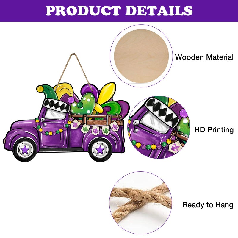 Bolisom Mardi Gras Purple Truck Front Door Sign, Fleur De Lis Love Heart New Orleans Carnival Wood Door Hanger Outdoor Outside Porch Decor, Masquerade Wooden Wreath Indoor Wall Hanging Decoration - Image 3