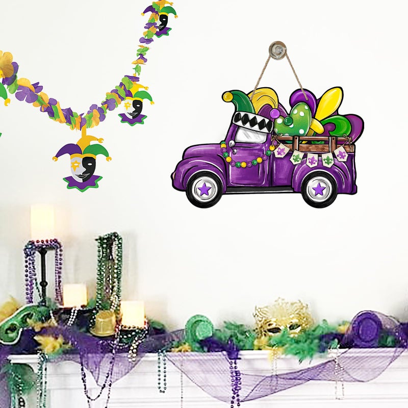 Bolisom Mardi Gras Purple Truck Front Door Sign, Fleur De Lis Love Heart New Orleans Carnival Wood Door Hanger Outdoor Outside Porch Decor, Masquerade Wooden Wreath Indoor Wall Hanging Decoration - Image 5