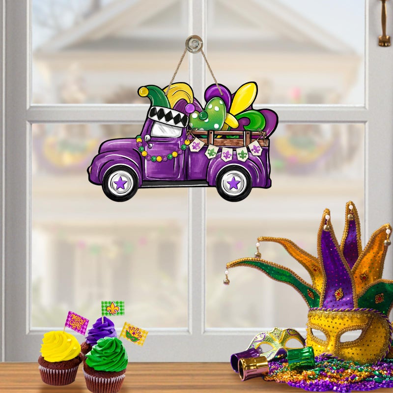 Bolisom Mardi Gras Purple Truck Front Door Sign, Fleur De Lis Love Heart New Orleans Carnival Wood Door Hanger Outdoor Outside Porch Decor, Masquerade Wooden Wreath Indoor Wall Hanging Decoration - Image 4