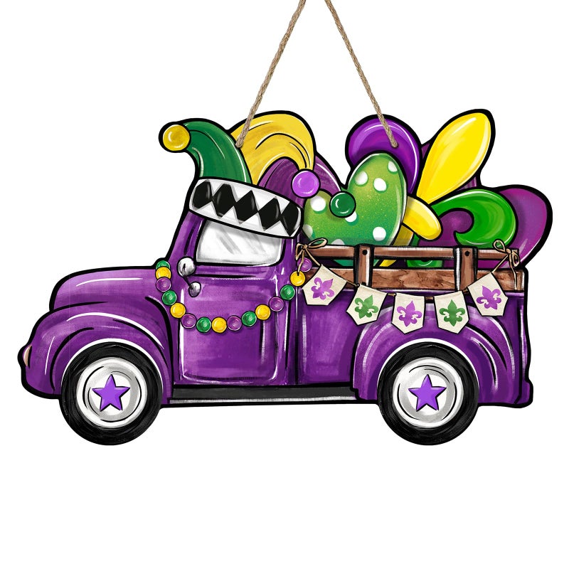Bolisom Mardi Gras Purple Truck Front Door Sign, Fleur De Lis Love Heart New Orleans Carnival Wood Door Hanger Outdoor Outside Porch Decor, Masquerade Wooden Wreath Indoor Wall Hanging Decoration - Image 1