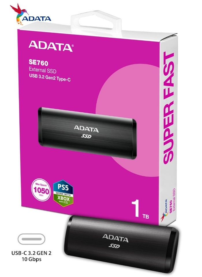 ADATA - SE760 1TB External SSD | Compatible with PS5 XBox Solid State Drive USB Type-C 3.2 Gen 2 | Black - Image 1