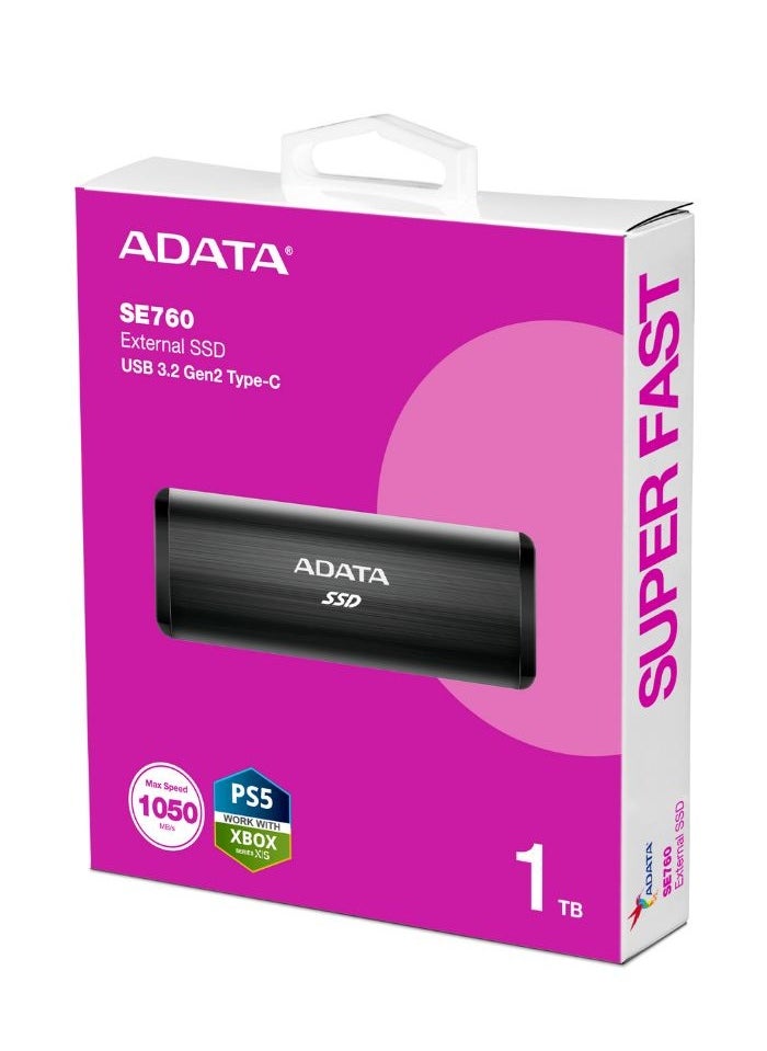 ADATA - SE760 1TB External SSD | Compatible with PS5 XBox Solid State Drive USB Type-C 3.2 Gen 2 | Black - Image 1