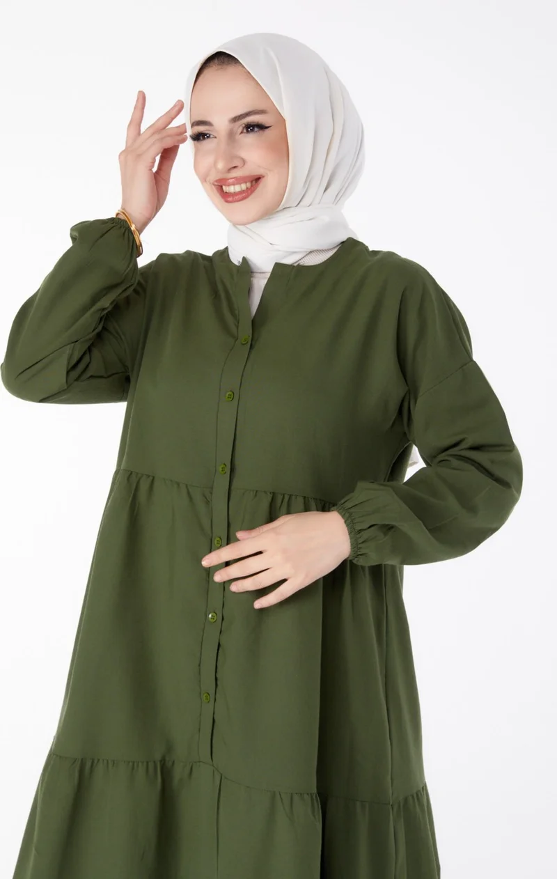 Tofisa Plain Judge Collar Women's Khaki Pleated Placket Detail Dress - 13156