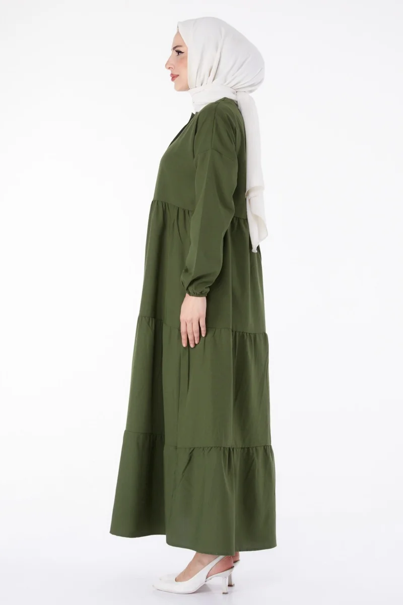 Tofisa Plain Judge Collar Women's Khaki Pleated Placket Detail Dress - 13156