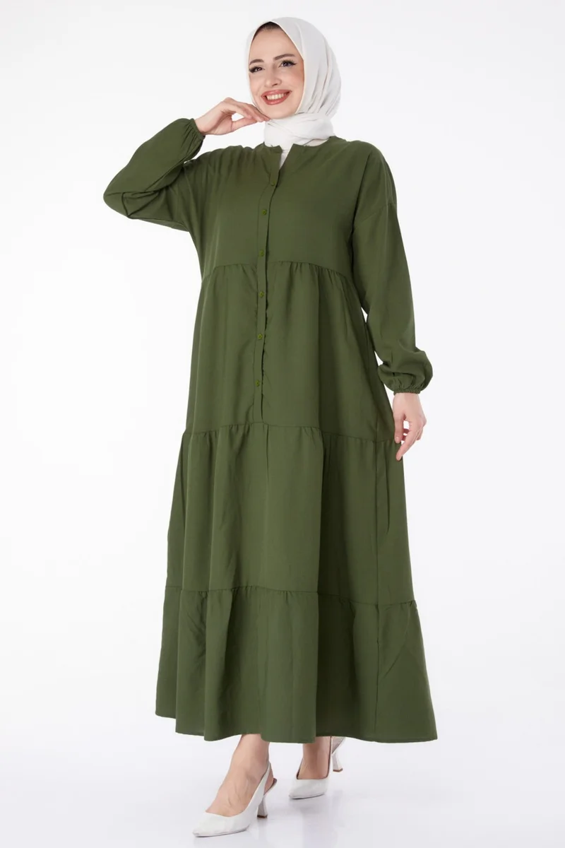 Tofisa Plain Judge Collar Women's Khaki Pleated Placket Detail Dress - 13156