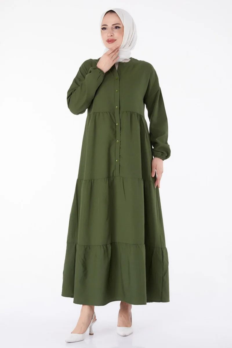 Tofisa Plain Judge Collar Women's Khaki Pleated Placket Detail Dress - 13156