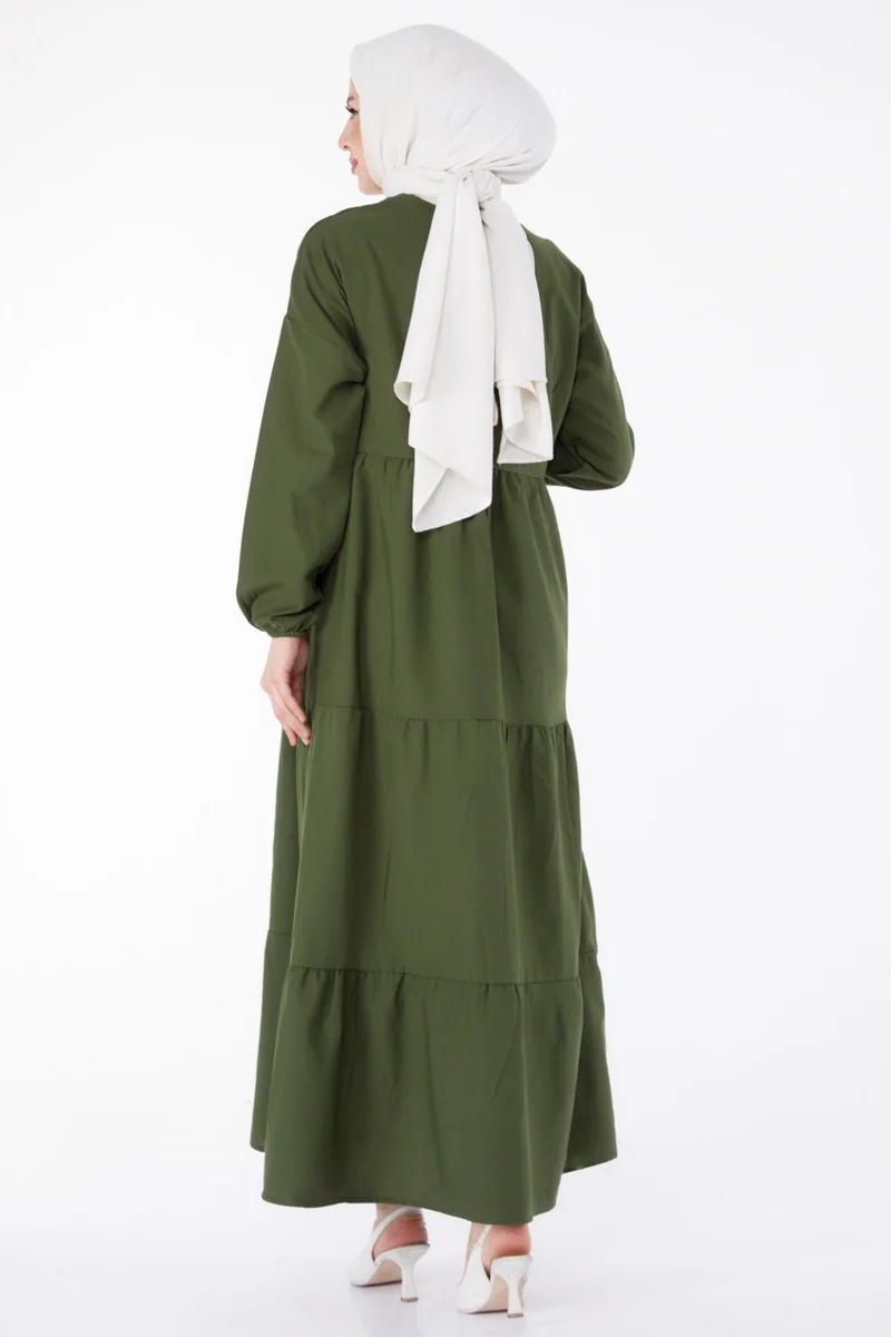 Tofisa Plain Judge Collar Women's Khaki Pleated Placket Detail Dress - 13156