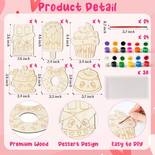 CJiangpo 24 Pack Valentines Day Dessert Wood Painting Craft Kits Valentines Cards with Watercolor Paint Bulk for Boys Girls Color Your Own Wooden Craft Kids Classroom Exchange Gift Party Favors - Image 5