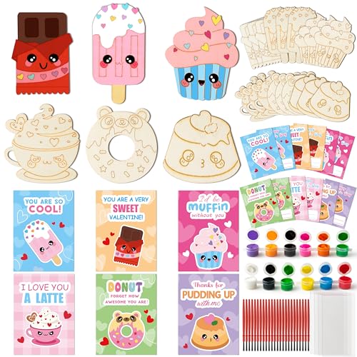 CJiangpo 24 Pack Valentines Day Dessert Wood Painting Craft Kits Valentines Cards with Watercolor Paint Bulk for Boys Girls Color Your Own Wooden Craft Kids Classroom Exchange Gift Party Favors - Image 1