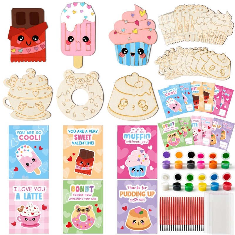 CJiangpo 24 Pack Valentines Day Dessert Wood Painting Craft Kits Valentines Cards with Watercolor Paint Bulk for Boys Girls Color Your Own Wooden Craft Kids Classroom Exchange Gift Party Favors - Image 3