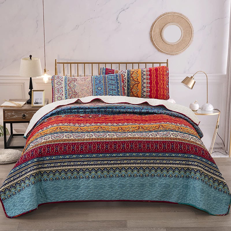 WONGS BEDDING Bohemian Quilt Set California King  Boho Striped Pattern Quilts Bedspread Set for All Season  Soft Microfiber Coverlet Bedding Set 106 ""x96 ""(3 Pieces  Cal King) - Image 1