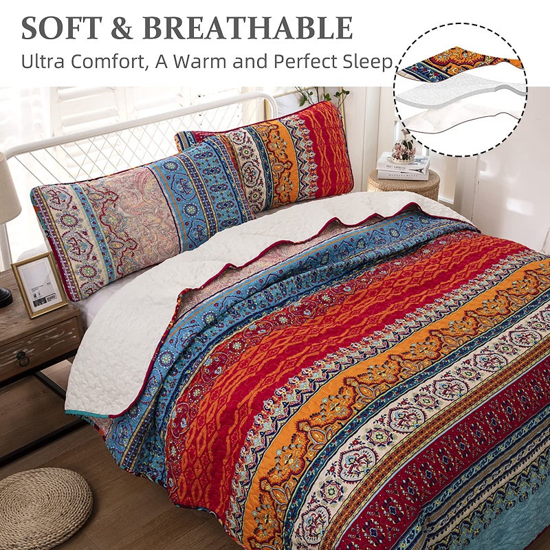 WONGS BEDDING Bohemian Quilt Set California King  Boho Striped Pattern Quilts Bedspread Set for All Season  Soft Microfiber Coverlet Bedding Set 106 ""x96 ""(3 Pieces  Cal King) - Image 2