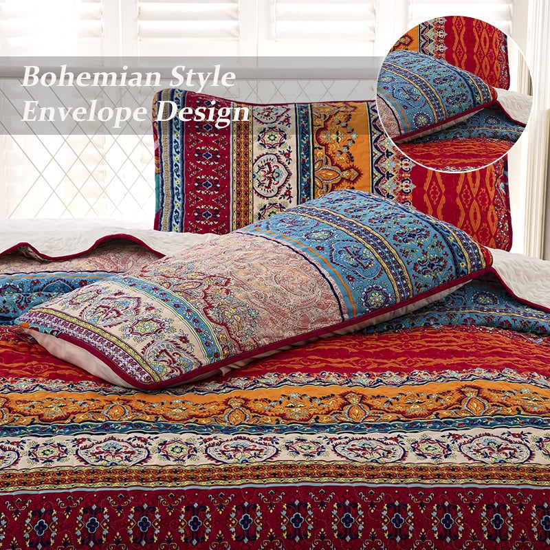 WONGS BEDDING Bohemian Quilt Set California King  Boho Striped Pattern Quilts Bedspread Set for All Season  Soft Microfiber Coverlet Bedding Set 106 ""x96 ""(3 Pieces  Cal King) - Image 3