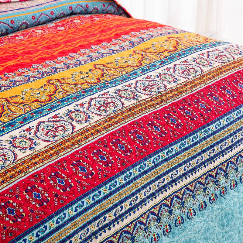 WONGS BEDDING Bohemian Quilt Set California King  Boho Striped Pattern Quilts Bedspread Set for All Season  Soft Microfiber Coverlet Bedding Set 106 ""x96 ""(3 Pieces  Cal King) - Image 5