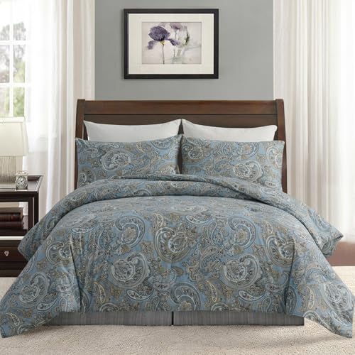 Cozaline 100% Cotton Duvet Cover Queen Size Blue Boho Paisley Pattern Duvet Cover Sets with Zipper Closure 3 Pcs Soft & Breathable Luxury Bedding Sets - Image 1