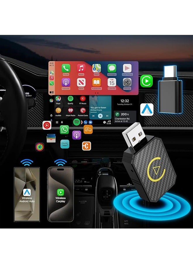 Arabest 2-in-1 Wireless CarPlay & Android Auto Adapter - Mini USB-C/USB Dongle for OEM Wired Systems, Compatible with iPhone iOS 10+ and Android 11+, Seamless Wireless Connectivity - Image 1