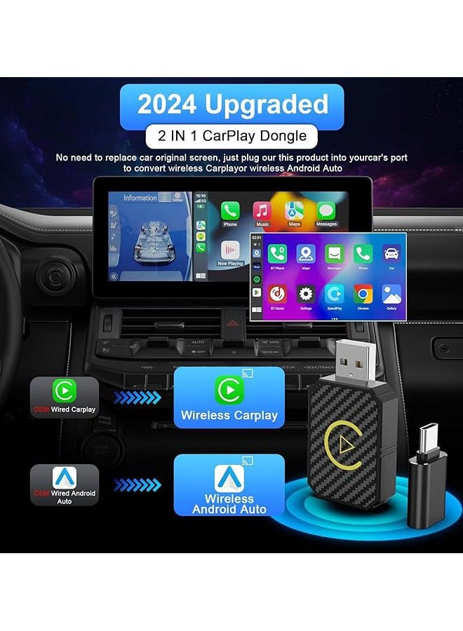 Arabest 2-in-1 Wireless CarPlay & Android Auto Adapter - Mini USB-C/USB Dongle for OEM Wired Systems, Compatible with iPhone iOS 10+ and Android 11+, Seamless Wireless Connectivity - Image 2