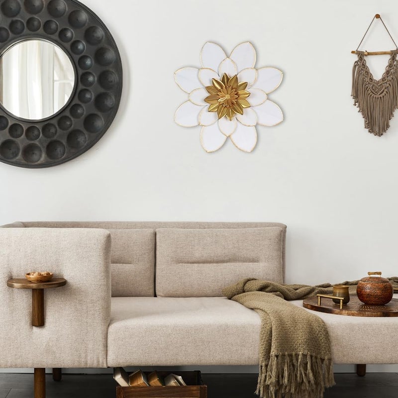 hogardeck Metal Flower Wall Decor, 16" White Gold Floral Metal Wall Art for Indoor Outdoor, Boho Farmhouse Modern Wall Decor for Bathroom, Living Room, Kitchen, Bedroom, Porch, Garden, Yard - Image 5